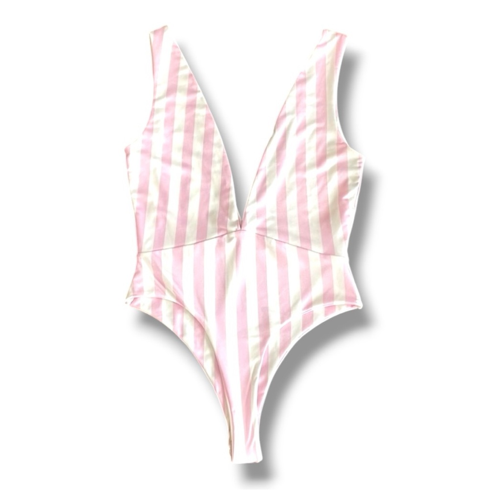 Pretty little thing baby pink stripe plunge swimsuit thong USA size 6 new